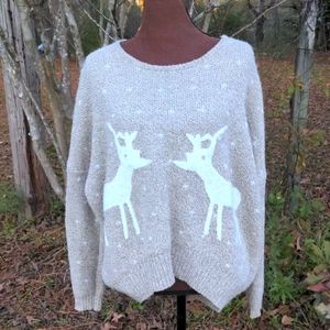 Nordstrom Urban Day Light Khaki Round Neck Drop Sleeves w/ White Reindeer & Tiny